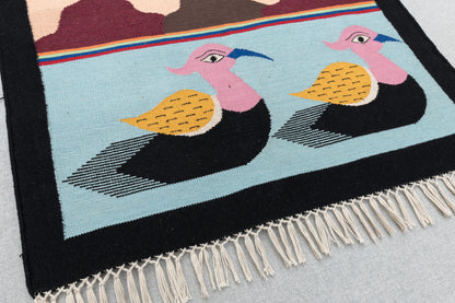 Handwoven Pictorial Rug [pine tree, 3 birds]